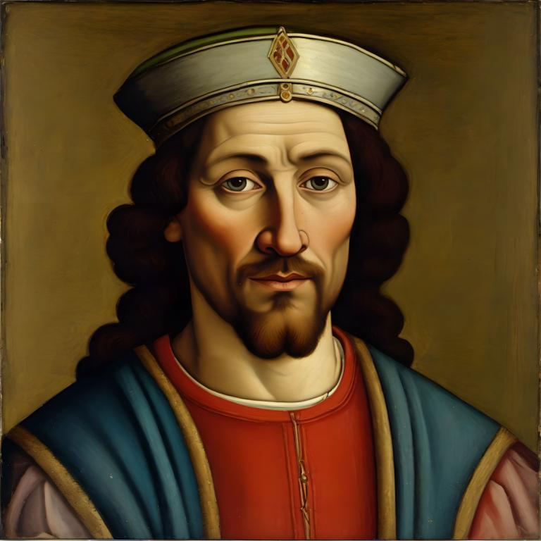 Tempera,Tempera, People, medieval european man, portrait, solo, male focus, 1boy, hat, facial hair, realistic