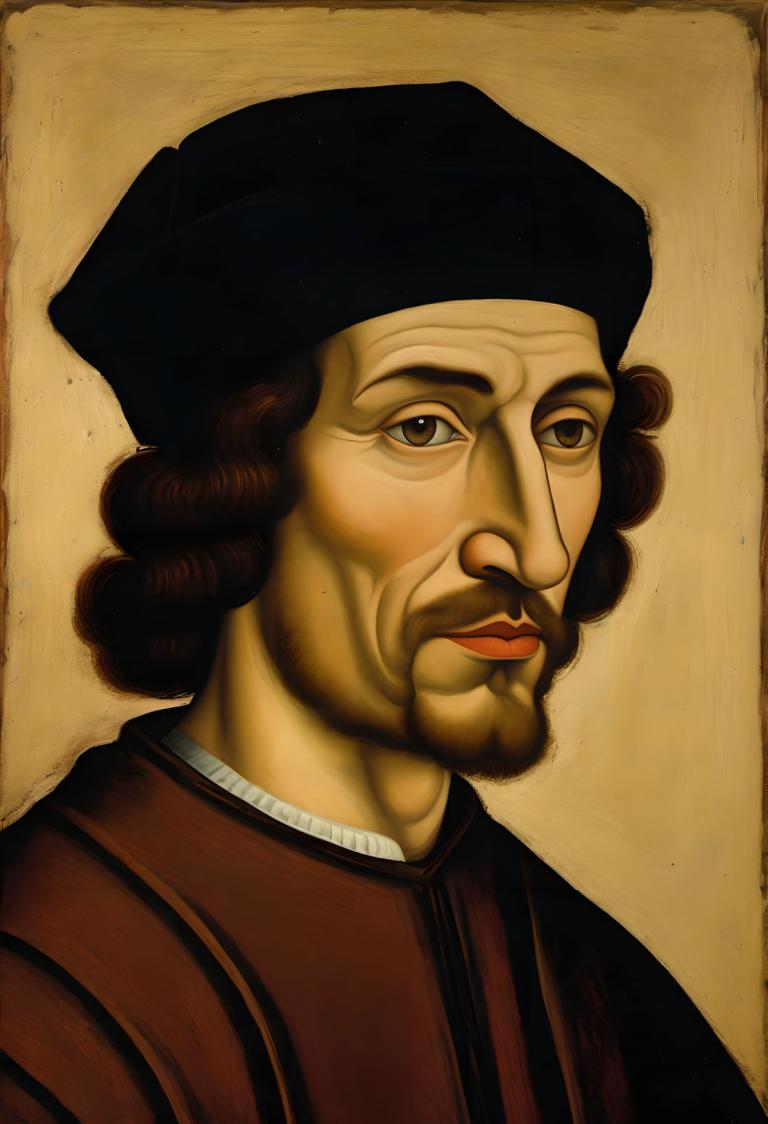 Tempera,Tempera, People, medieval european man, portrait, solo, male focus, 1boy, hat, realistic, facial hair