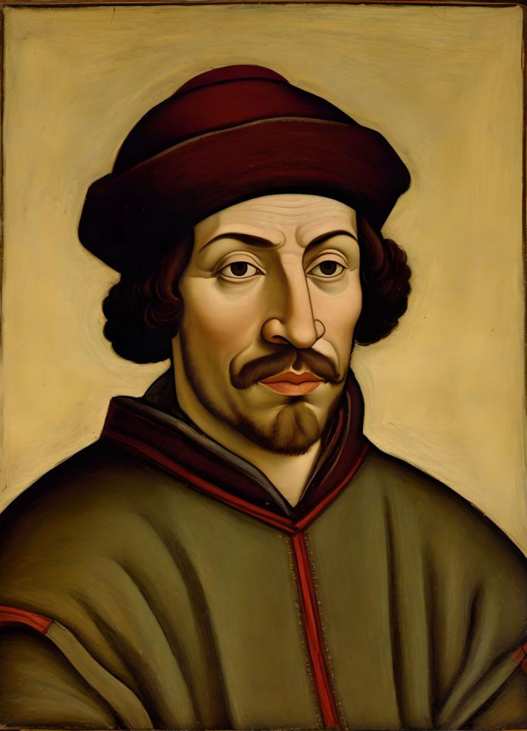 Tempera,Tempera, People, medieval european man, portrait, solo, male focus, 1boy, facial hair, hat, realistic