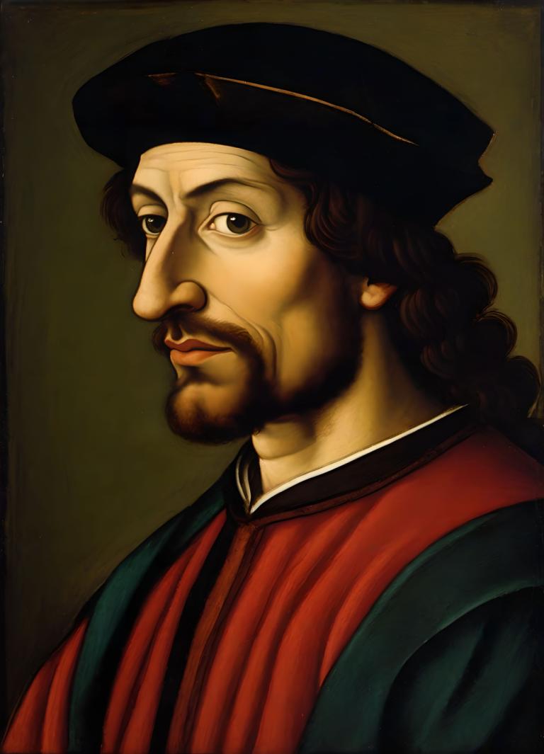 Tempera,Tempera, People, medieval european man, portrait, solo, male focus, 1boy, facial hair, hat, realistic