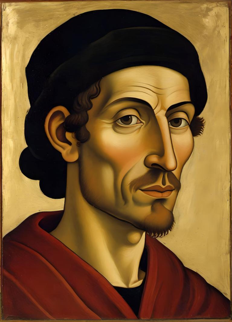 Tempera,Tempera, People, medieval european man, portrait, solo, male focus, 1boy, facial hair, brown hair