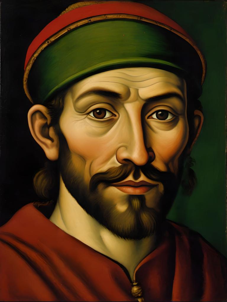 Tempera,Tempera, People, medieval european man, portrait, 1boy, solo, male focus, facial hair, hat, mustache