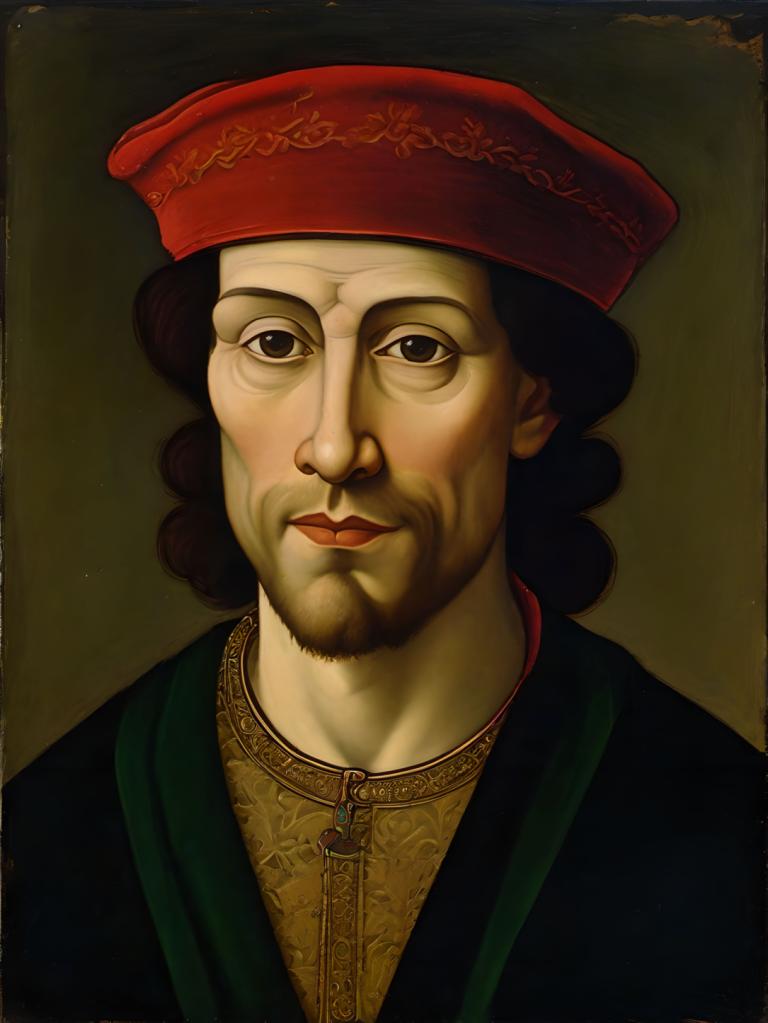 Tempera,Tempera, People, medieval european man, portrait, solo, hat, 1boy, male focus, facial hair, realistic