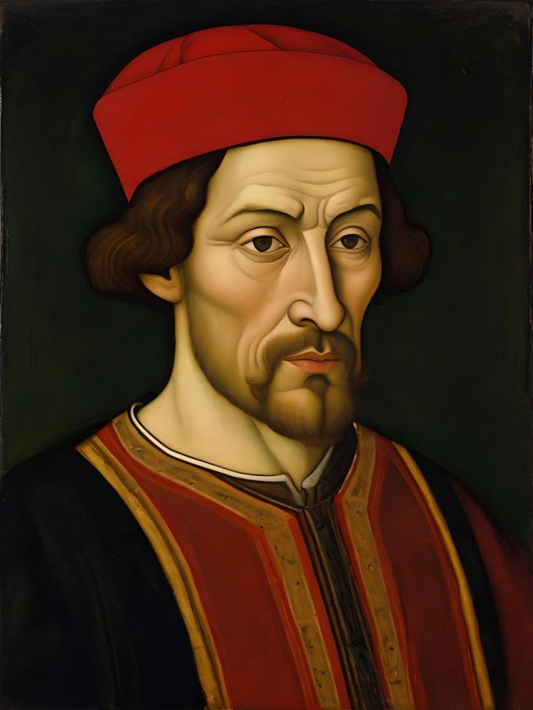 Tempera,Tempera, People, medieval european man, portrait, solo, male focus, 1boy, hat, facial hair