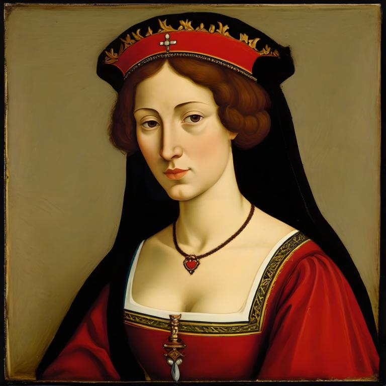 Tempera,Tempera, People, medieval european woman, portrait, 1girl, solo, jewelry, brown hair, realistic