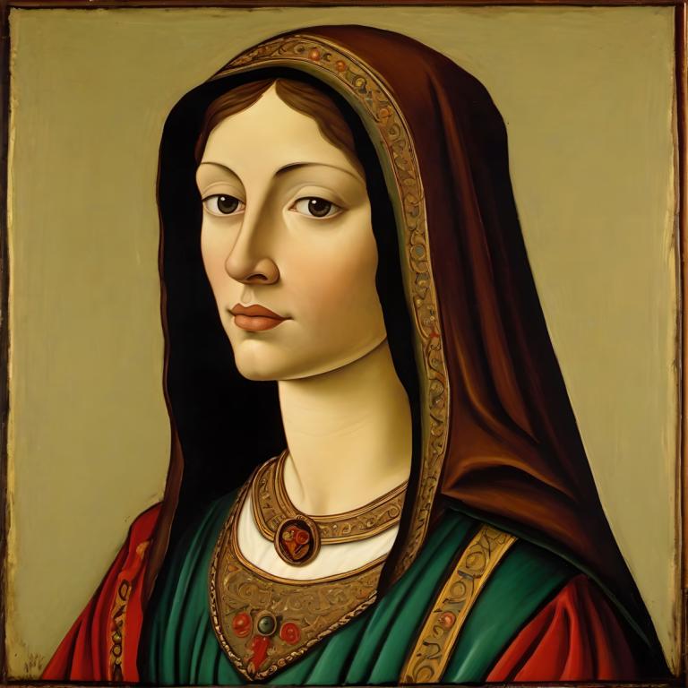 Tempera,Tempera, People, medieval european woman, portrait, solo, 1girl, fine art parody, brown eyes