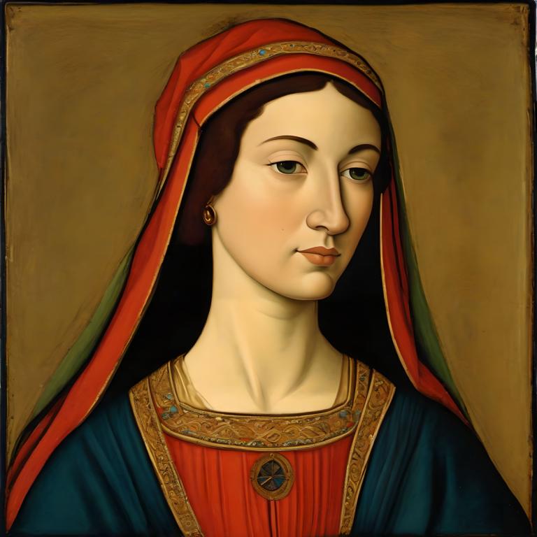 Tempera,Tempera, People, medieval european woman, portrait, solo, fine art parody, jewelry, realistic