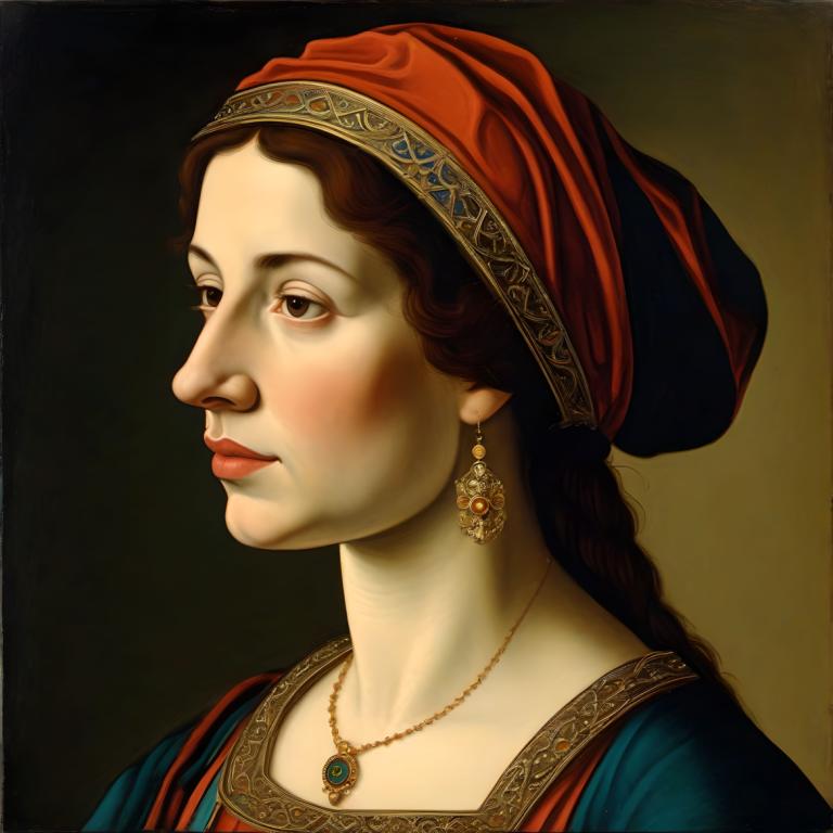 Tempera,Tempera, People, medieval european woman, portrait, 1girl, solo, jewelry, necklace, earrings