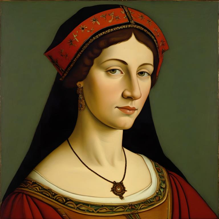 Tempera,Tempera, Oameni, femeie europeană medievală, portret, 1 fata, solo, Bijuterii, păr șaten, realist