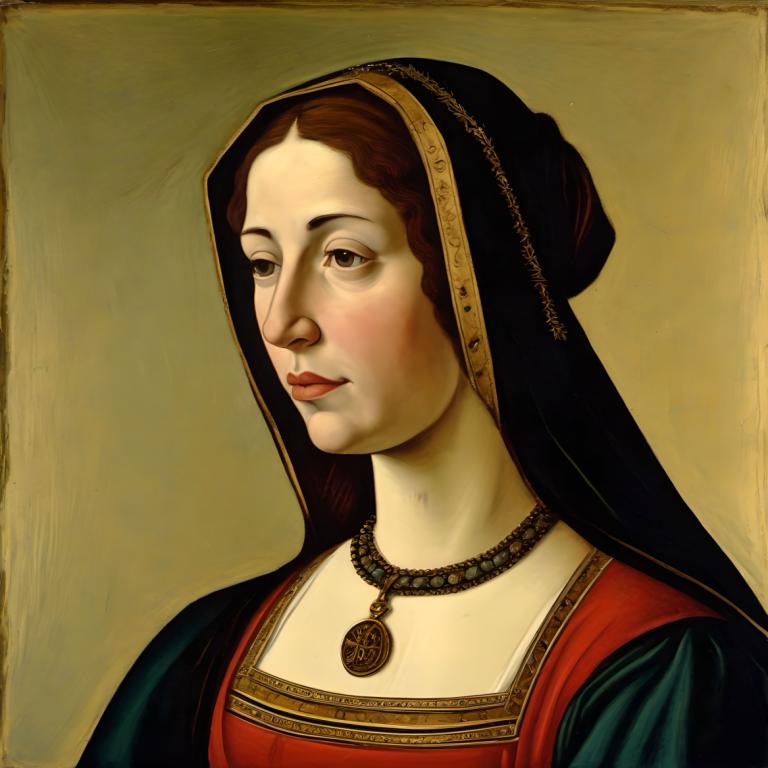 Tempera,Tempera, People, medieval european woman, portrait, 1girl, solo, fine art parody, jewelry, necklace