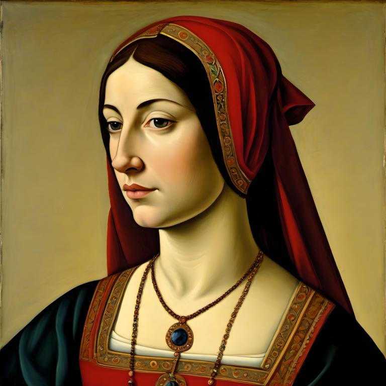 Tempera,Tempera, People, medieval european woman, portrait, solo, 1girl, jewelry, fine art parody, necklace