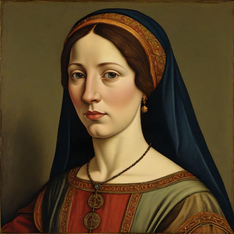 Tempera,Tempera, Oameni, femeie europeană medievală, portret, solo, Bijuterii, 1 fata, realist, păr șaten