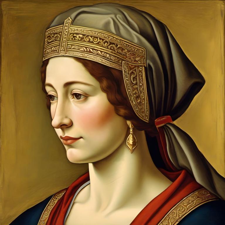 Tempera,Tempera, People, medieval european woman, portrait, 1girl, solo, brown hair, jewelry, fine art parody