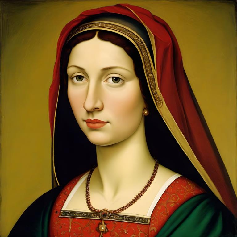 Tempera,Tempera, People, medieval european woman, portrait, solo, 1girl, jewelry, fine art parody, realistic