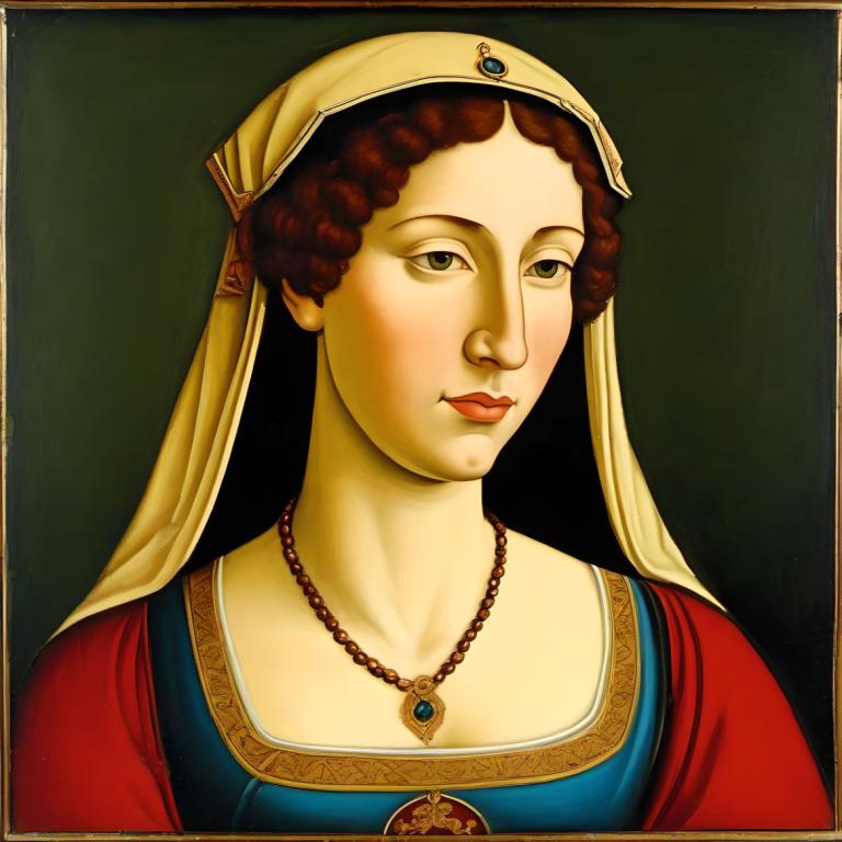 Tempera,Tempera, People, medieval european woman, portrait, solo, fine art parody, jewelry, 1girl, necklace