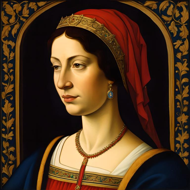 Tempera,Tempera, People, medieval european woman, portrait, solo, jewelry, 1girl, fine art parody, realistic