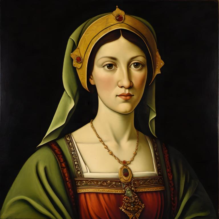 Tempera,Tempera, People, medieval european woman, portrait, solo, 1girl, jewelry, realistic, necklace, hat