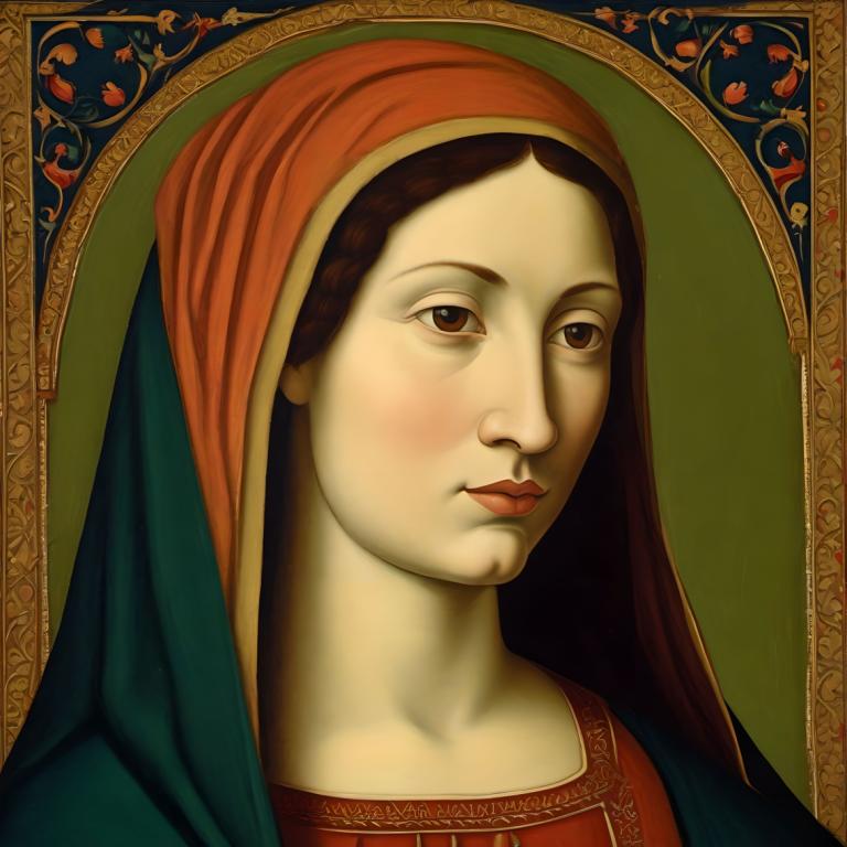 Tempera,Tempera, People, medieval european woman, portrait, fine art parody, solo, brown eyes, brown hair