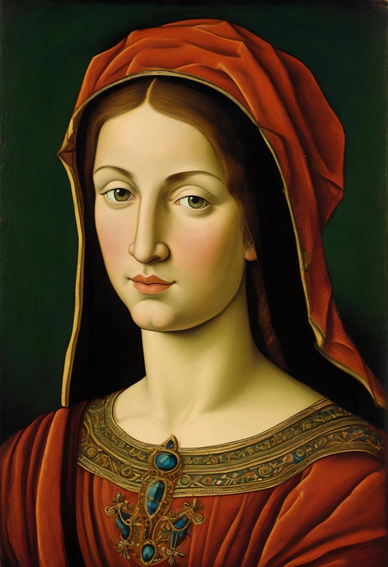 Tempera,Tempera, People, medieval european woman, portrait, solo, fine art parody, brown hair, brown eyes