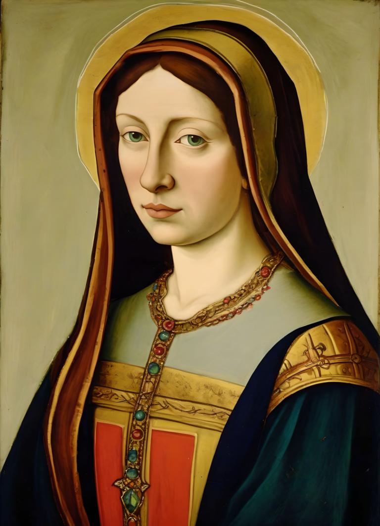 Schimb de fețe, Portret clasic, Tempera, Oameni, femeie europeană medievală, portret, 1 fata, solo, ochi verzi, Bijuterii, realist, colier, păr șaten, parodie artistică, par lung, partea superioară a corpului, buze, privind privitorul, parodie