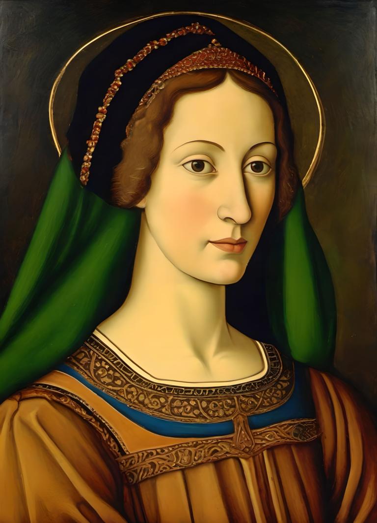 Tempera,Tempera, People, medieval european woman, portrait, solo, fine art parody, brown hair, realistic