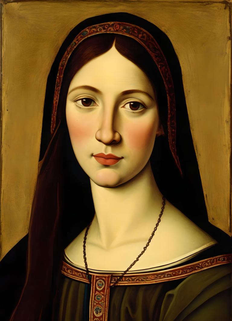 Tempera,Tempera, People, medieval european woman, portrait, solo, 1girl, fine art parody, jewelry, realistic