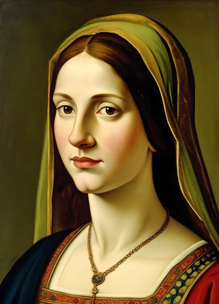 Tempera,Tempera, People, medieval european woman, portrait, solo, 1girl, jewelry, brown hair, fine art parody