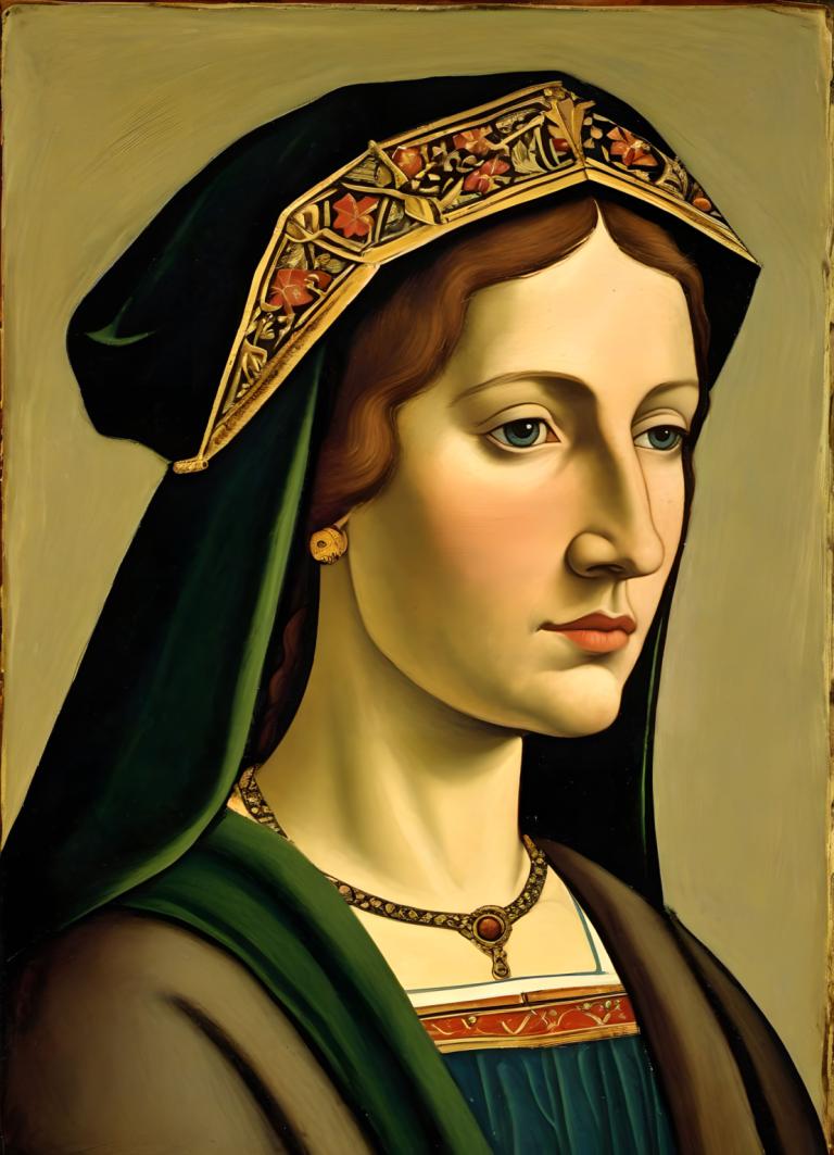 Tempera,Tempera, People, medieval european woman, portrait, solo, 1girl, jewelry, fine art parody, brown hair