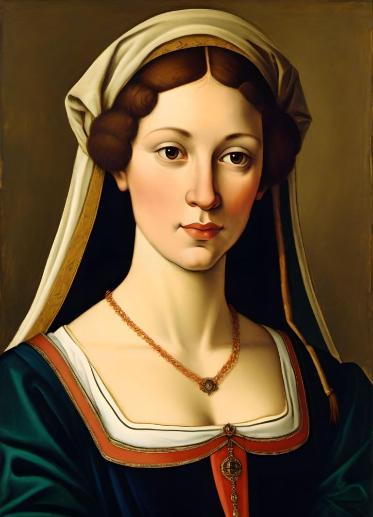 Tempera,Tempera, Mensen, middeleeuwse Europese vrouw, portret, 1meisje, solo, juwelen, bruin haar