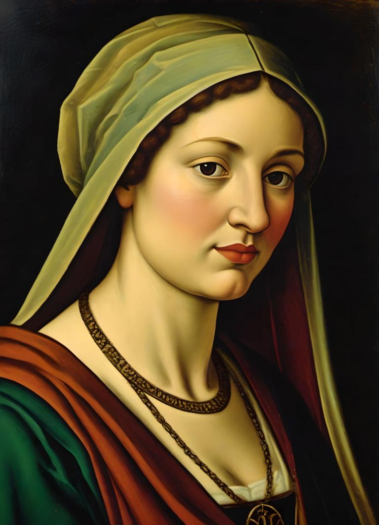 Tempera,Tempera, People, medieval european woman, portrait, solo, jewelry, 1girl, realistic, fine art parody