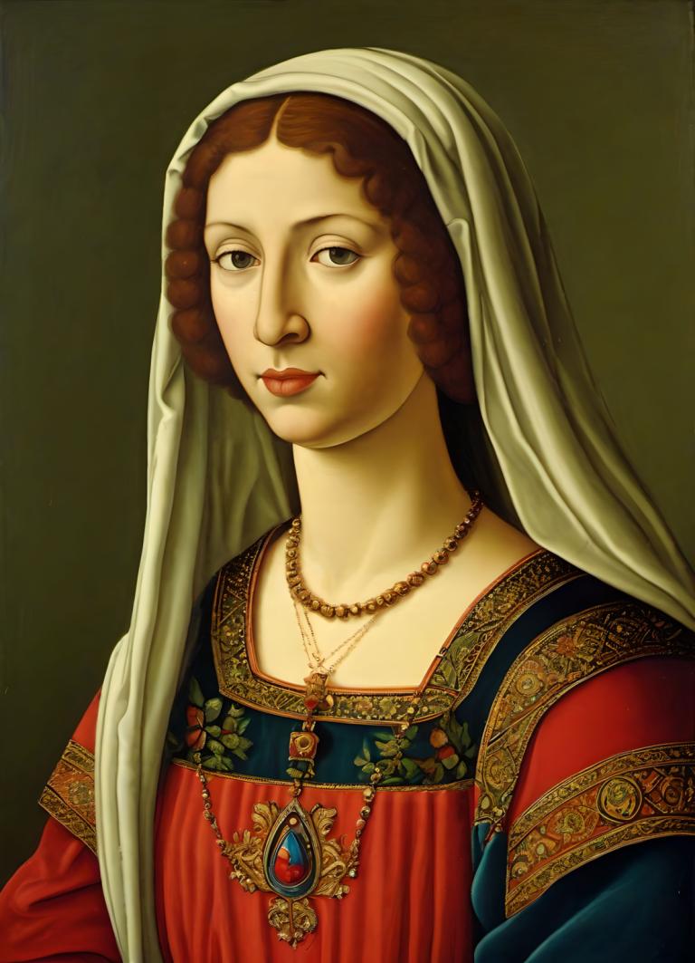 Tempera,Tempera, People, medieval european woman, portrait, solo, jewelry, 1girl, fine art parody, necklace