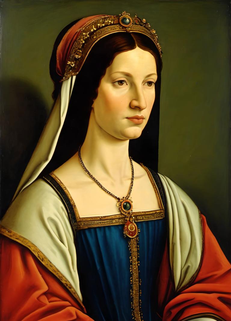 Tempera,Tempera, People, medieval european woman, portrait, solo, jewelry, 1girl, realistic, fine art parody