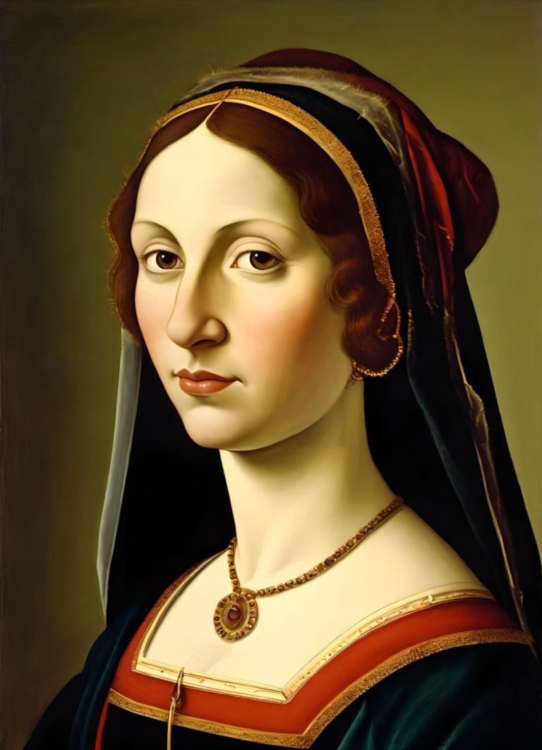 Tempera,Tempera, People, medieval european woman, portrait, solo, 1girl, jewelry, fine art parody, necklace