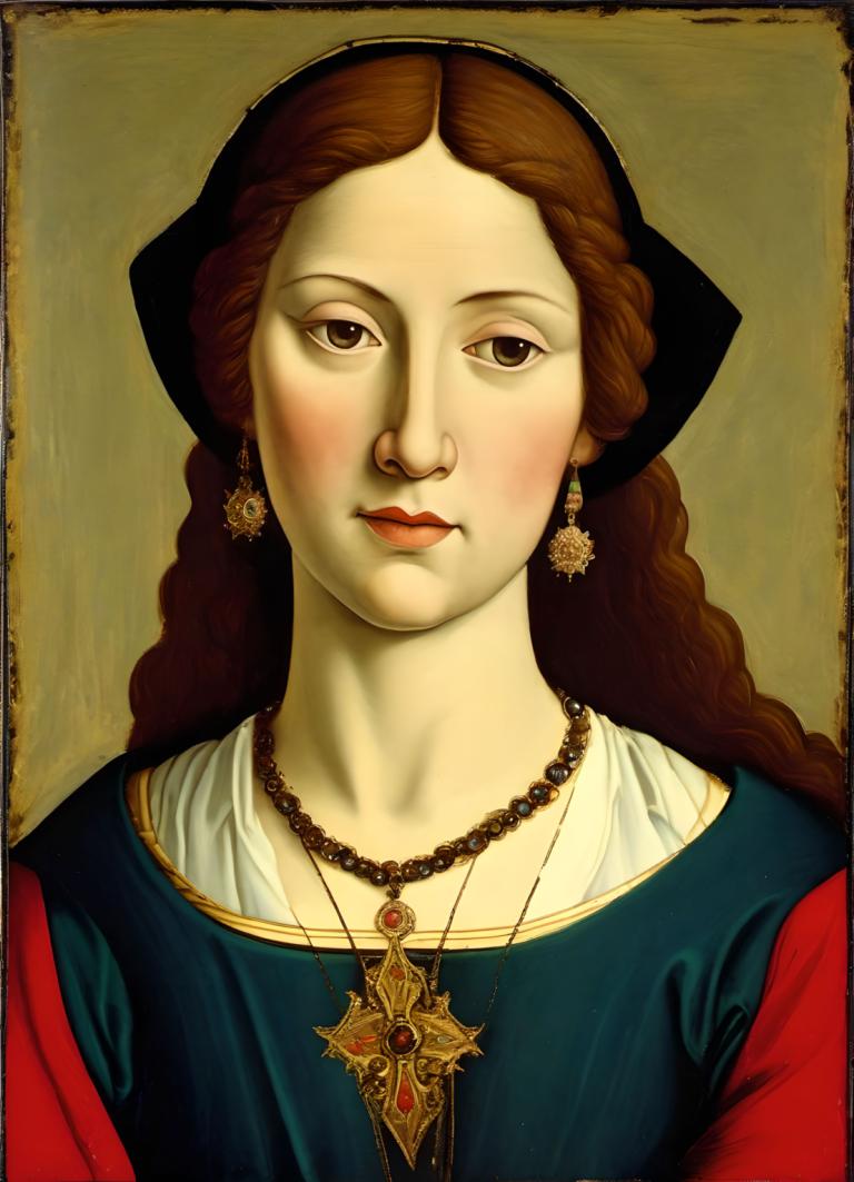 Tempera,Tempera, People, medieval european woman, portrait, 1girl, solo, jewelry, realistic, brown hair