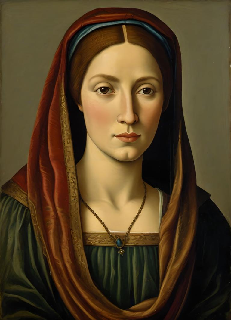 Tempera,Tempera, People, medieval european woman, portrait, solo, fine art parody, realistic, jewelry