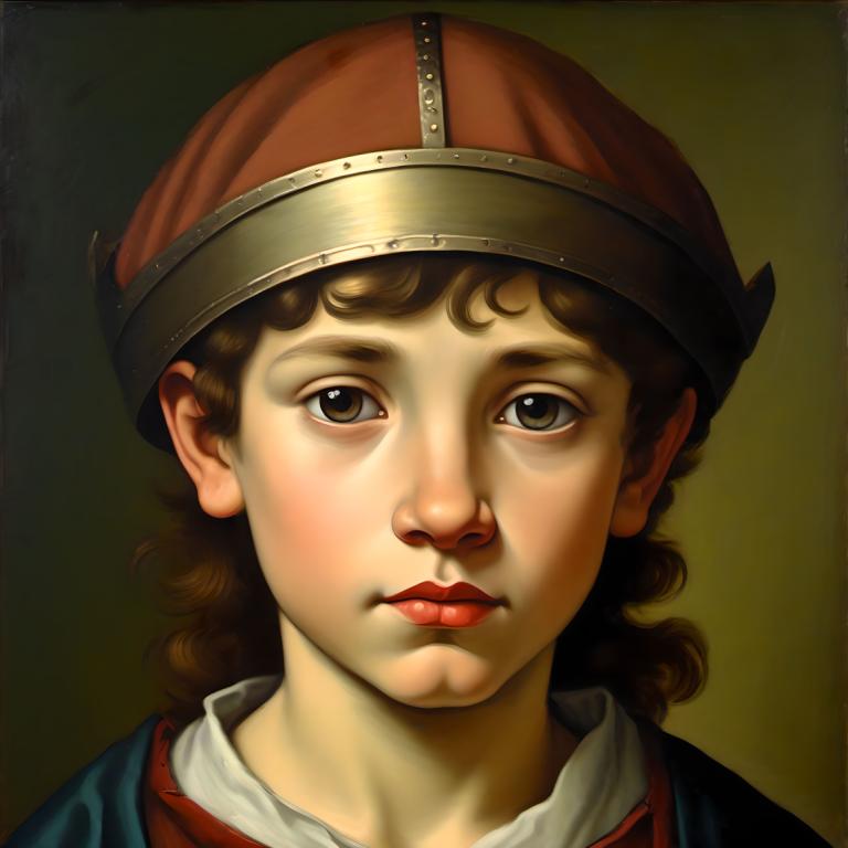 Tempera,Tempera, People, medieval european boy, portrait, solo, brown hair, brown eyes, realistic, hat