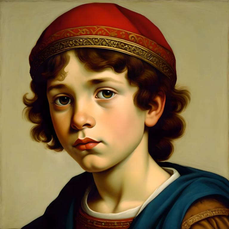 Tempera,Tempera, People, medieval european boy, portrait, solo, brown hair, brown eyes, realistic, male focus