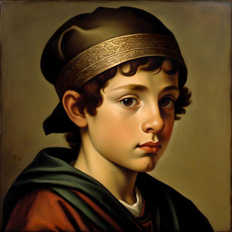 Tempera,Tempera, People, medieval european boy, portrait, solo, male focus, 1boy, brown hair, brown eyes, hat