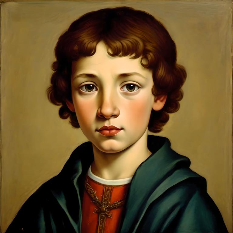 Tempera,Tempera, People, medieval european boy, portrait, solo, brown hair, looking at viewer, brown eyes