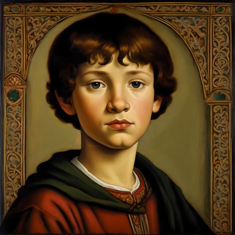 Tempera,Tempera, People, medieval european boy, portrait, solo, brown hair, fine art parody