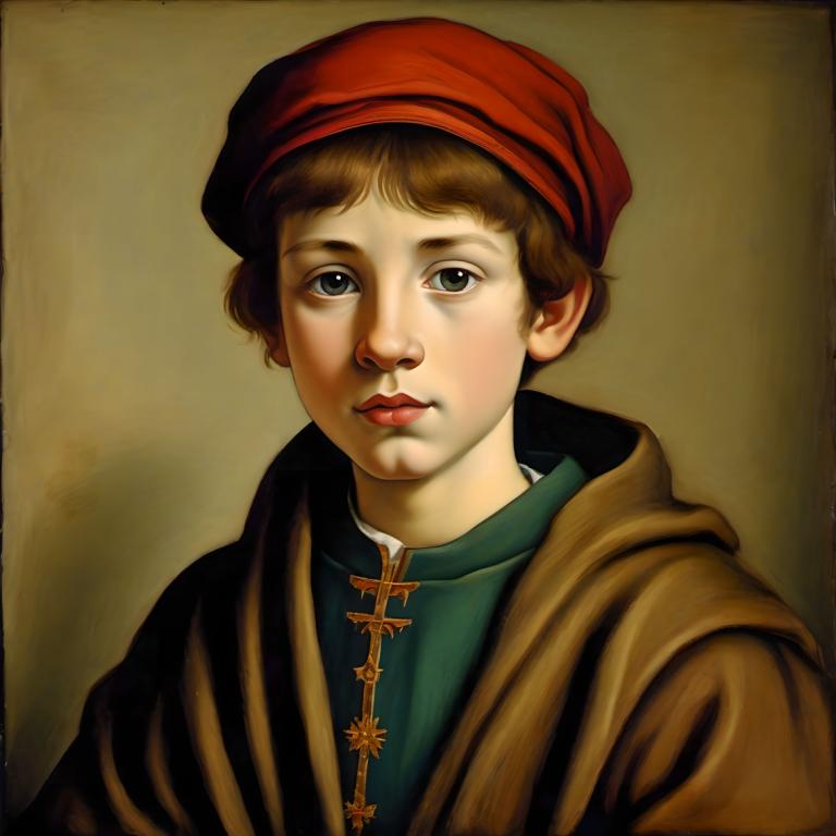 Intercambio de Rostro, Retrato clásico, Pintura al temple, Gente, niño medieval europeo, retrato, solo, Pelo castaño, enfoque masculino, 1 chico, sombrero, mirando al espectador, realista, parodia de bellas artes, parte superior del cuerpo, sombreros rojos, ojos negros, túnica, labios