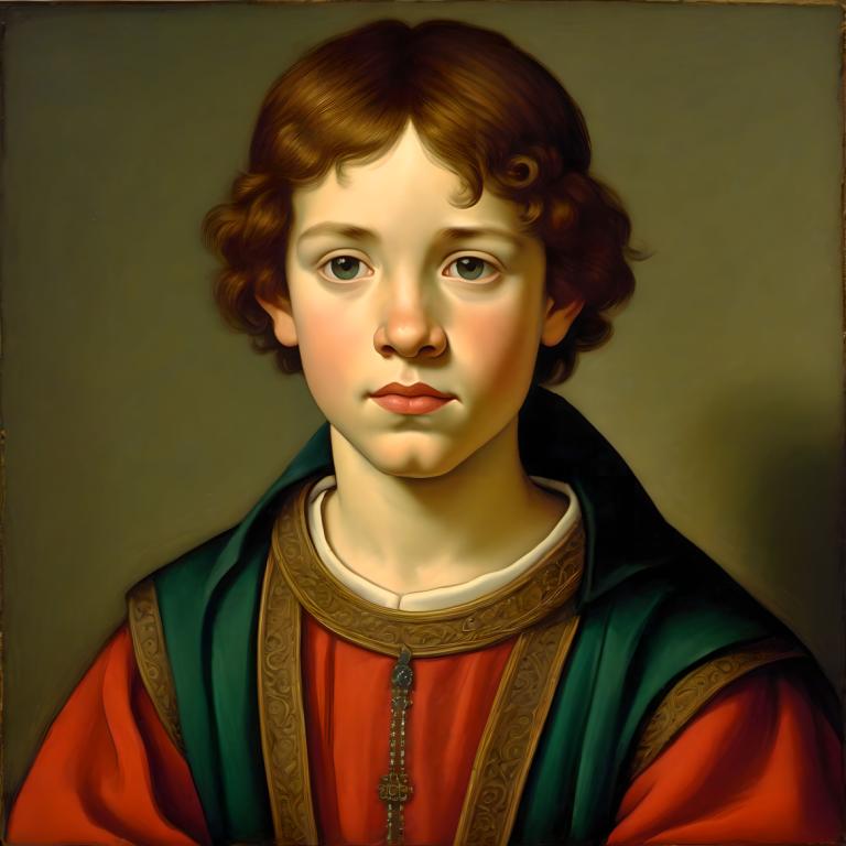 Tempera,Tempera, People, medieval european boy, portrait, solo, brown hair, realistic, male focus