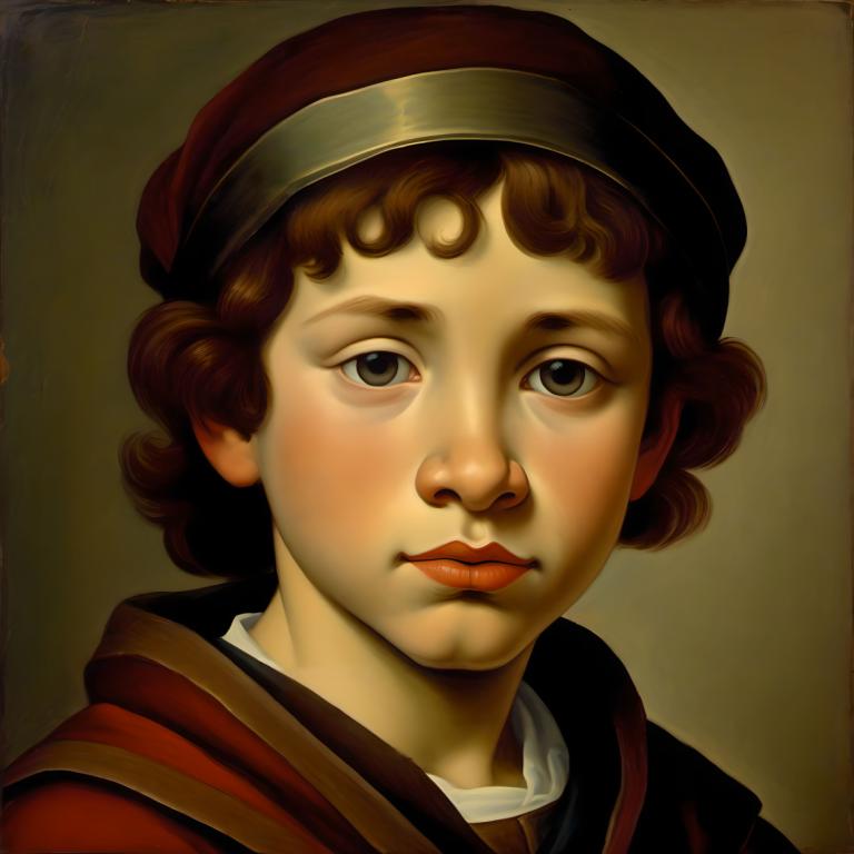 Tempera,Tempera, People, medieval european boy, portrait, solo, brown hair, fine art parody, hat, realistic