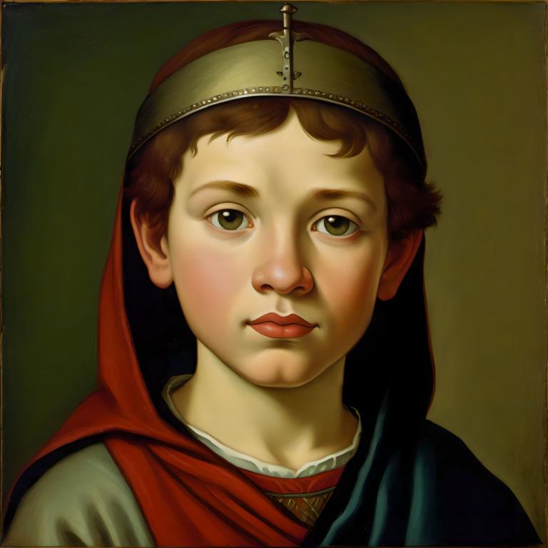 Tempera,Tempera, People, medieval european boy, portrait, solo, brown hair, male focus, fine art parody, 1boy