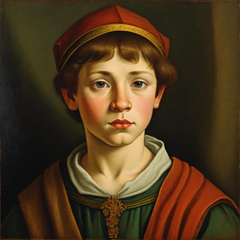 Tempera,Tempera, People, medieval european boy, portrait, solo, brown hair, male focus, hat, fine art parody