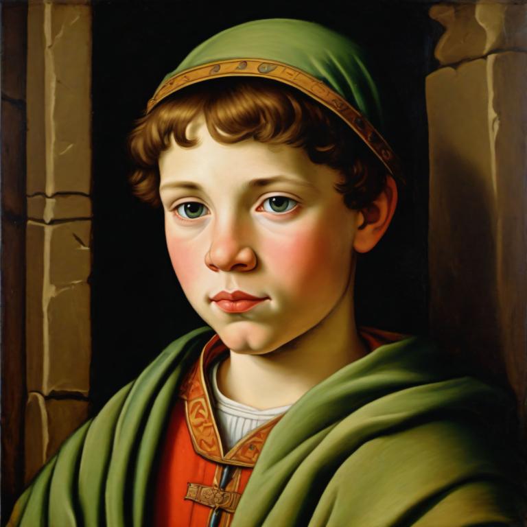 Tempera,Tempera, People, medieval european boy, portrait, solo, male focus, brown hair, 1boy, green eyes