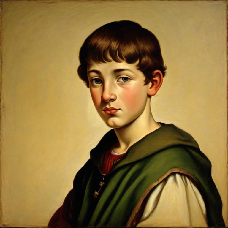 Tempera,Tempera, People, medieval european boy, portrait, solo, brown hair, 1boy, male focus