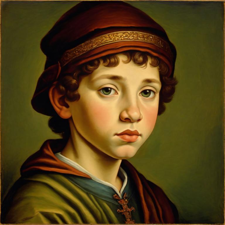 Tempera,Tempera, People, medieval european boy, portrait, solo, brown hair, green eyes, fine art parody, hat