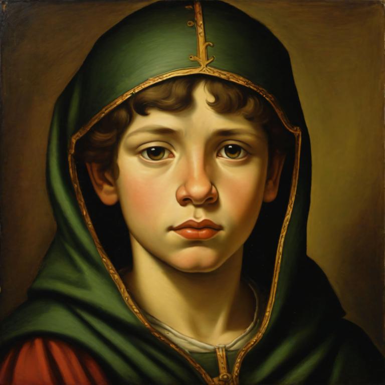 Tempera,Tempera, People, medieval european boy, portrait, solo, male focus, brown hair, 1boy, hood, realistic