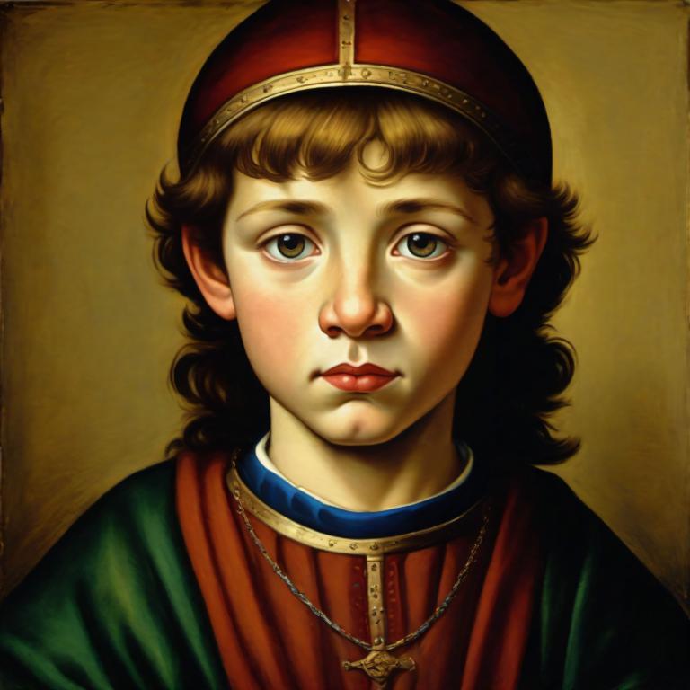 Tempera,Tempera, People, medieval european boy, portrait, solo, brown hair, brown eyes, jewelry, realistic